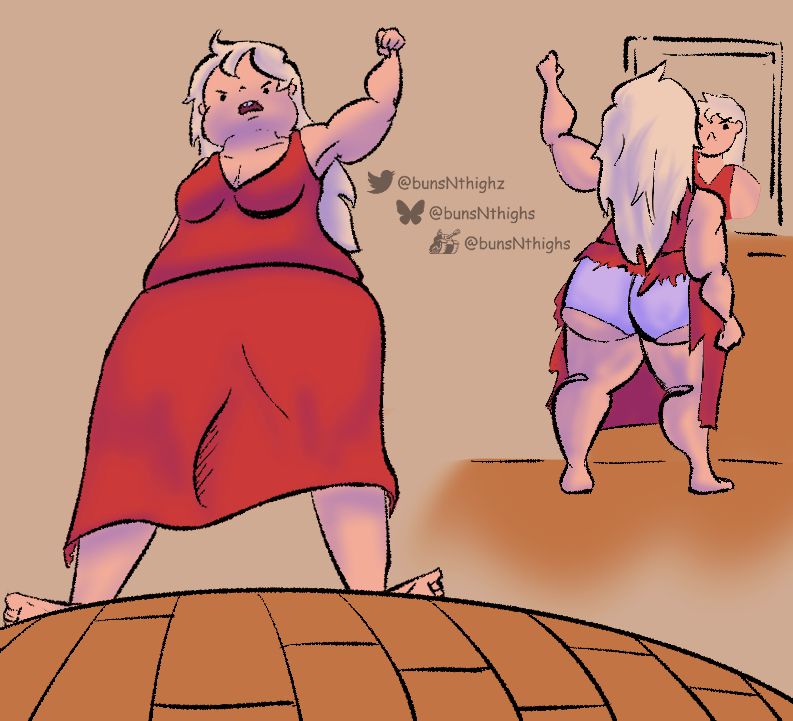 Fionna Campbell (fionna and cake) standing determinedly with a fist in the air, wearing a red dress with the back of the skirt fully cut off exposing her underwear 