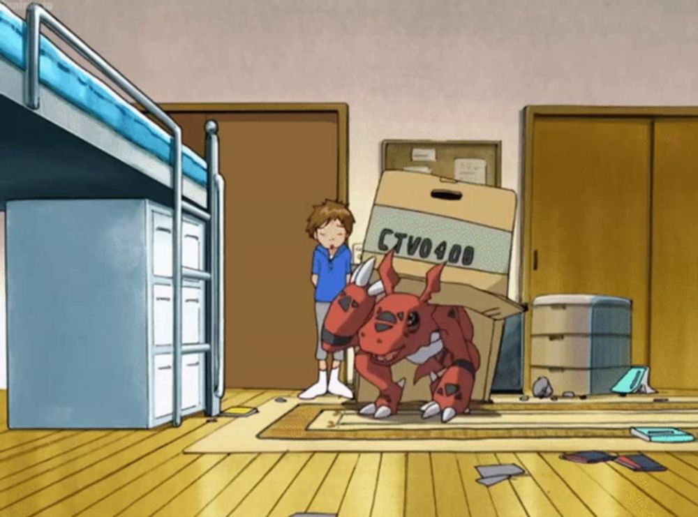 a cartoon character is carrying a cardboard box that says ctvo400