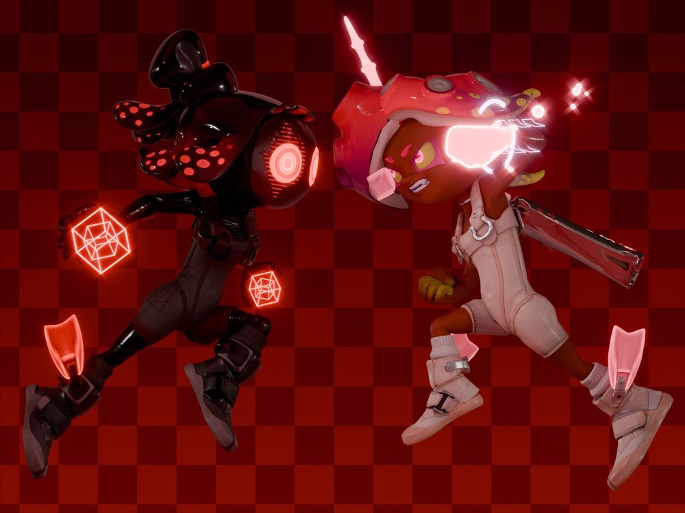 Parallel Canon and Agent 8 lunging at each other. Agent 8 is enraged with a fist raised and glowing, while Parallel Canon is expressionless with its arms pulled back behind it, and little glowing cubes in each hand.