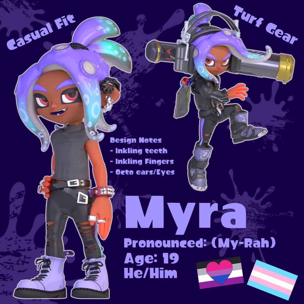 Splatoon OC named Myra
Pronounced: My-Rah
Age: 19
He/Him
Biromantic Asexual
Transgender

He's an Inktoling with a mix of the octoling tentacurl and inkling topknot hairstyles, female octoling eyemask and ears, and inkling teeth and fingers. His ink color is a gradient between lavender and cyan with faint white spots on the tentacles, with vermillion red eyes.

For his casual outfit he wears a grey crop top, ripped black leggings, two belts, the tentaclinger earring, silver rings on both hands, lavender punk boots, and a red spiked bracelet.

For his Turf War gear he wears Aux Boxes, a Black Inky Rider, and faded lavender Moto Shift Boots, and he weilds a Charcoal Decavitator.