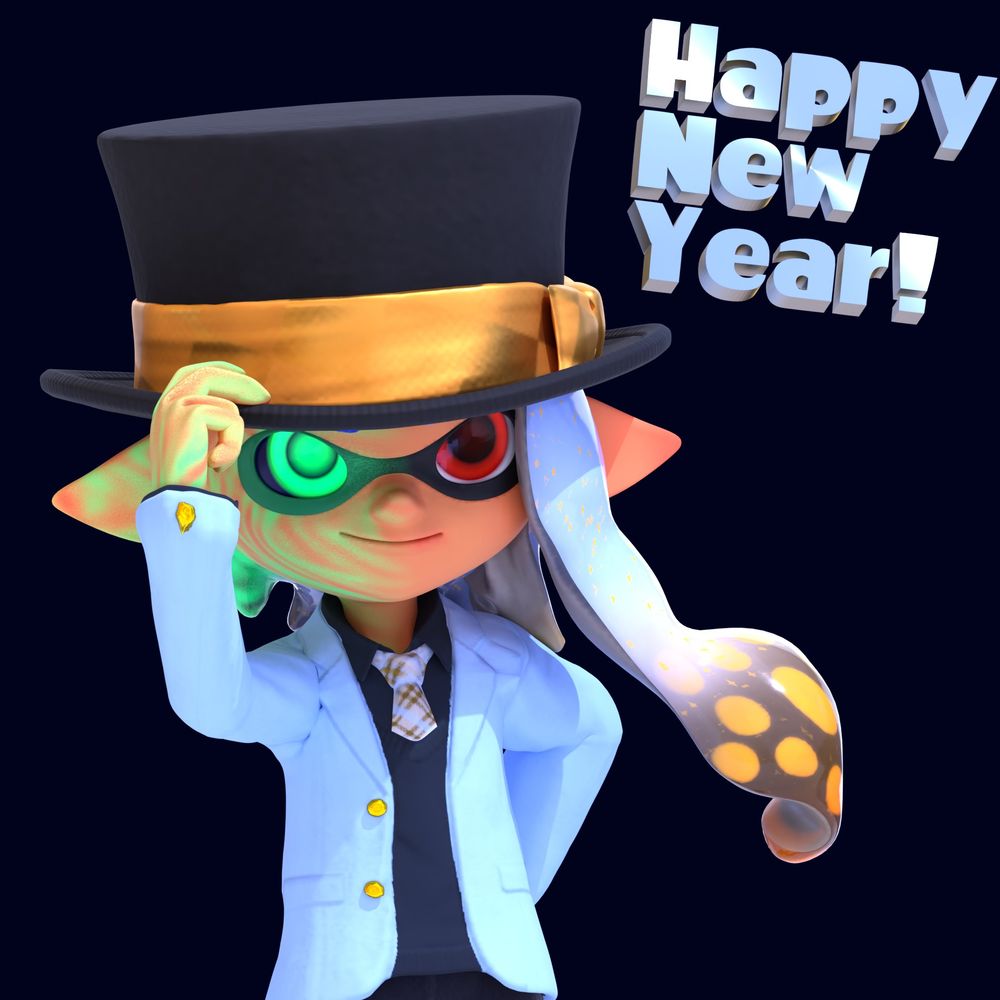 Kyra wearing a silver and navy blue suit and a black tophat with a gold ribbon. She's tipping her hat towards the viewer.