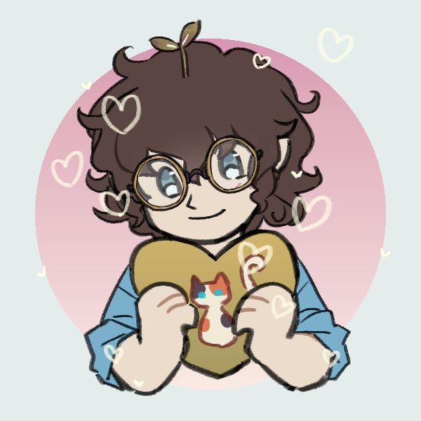 picrew of me. short brown curly hair, wearing glasses, and holding a heart with a cat in it