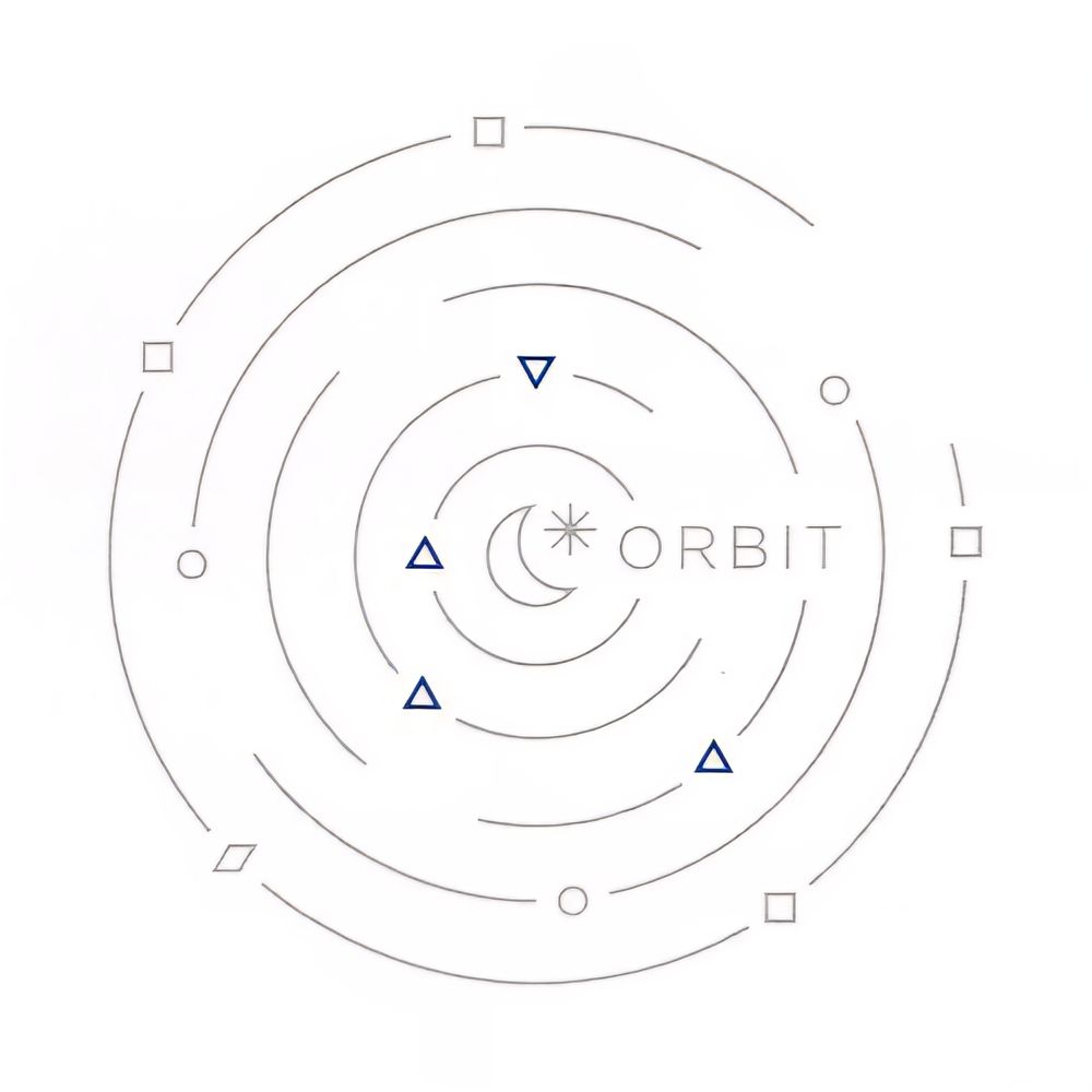 loona orbit fan logo. a ring of concentric circles with small squares, a rhombus, circles and triangles along the rings. at the center there is a crescent moon and to the right of the moon in the text "orbit"