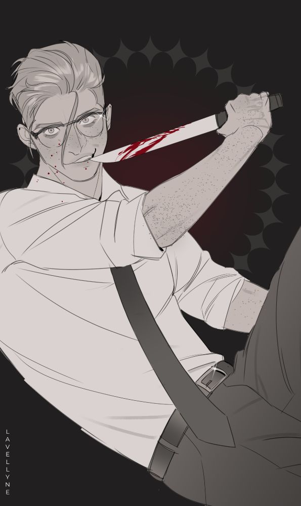 shows a man sitting with a psychotic smile and a knife held to his teeth