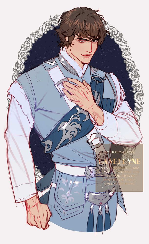 shows a man in detailed clothes, smiling and holding his hand on his chest