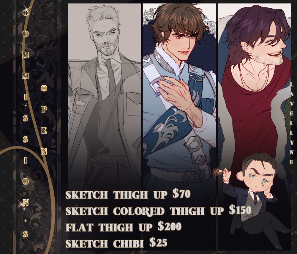 sketch thigh up $70
sketch colored thigh up $150
flat thigh up $200
sketch chibi $25