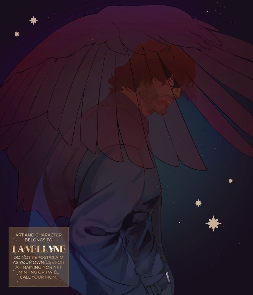 my oc cecil with a wing obscuring his face and shoulder, while uncovering his eye looking at the camera