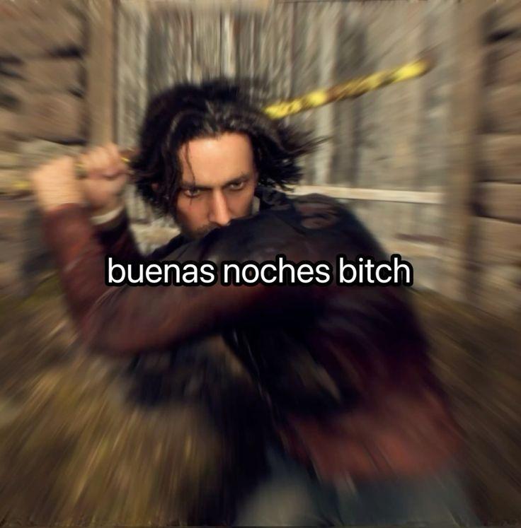 luis serra (from resident evil 4 remake) swinging his yellow pipe at the camera
with white, contoured text in the middle that says "buenas noches bitch"