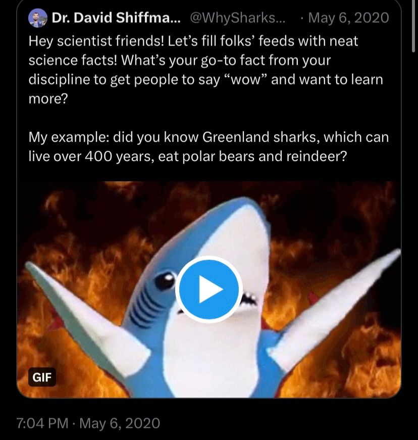 Dr. David Shiffma... @WhySharks. • May 6, 2020 Hey scientist friends! Let's fill folks' feeds with neat science facts! What's your go-to fact from your discipline to get people to say 