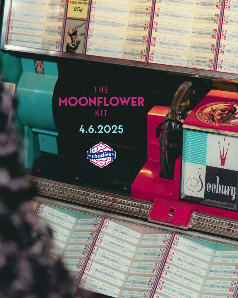 over the shoulder view of a 1950s style jukebox with “The Moonflower Kit, 4.6.2025” and the Rhodies crest