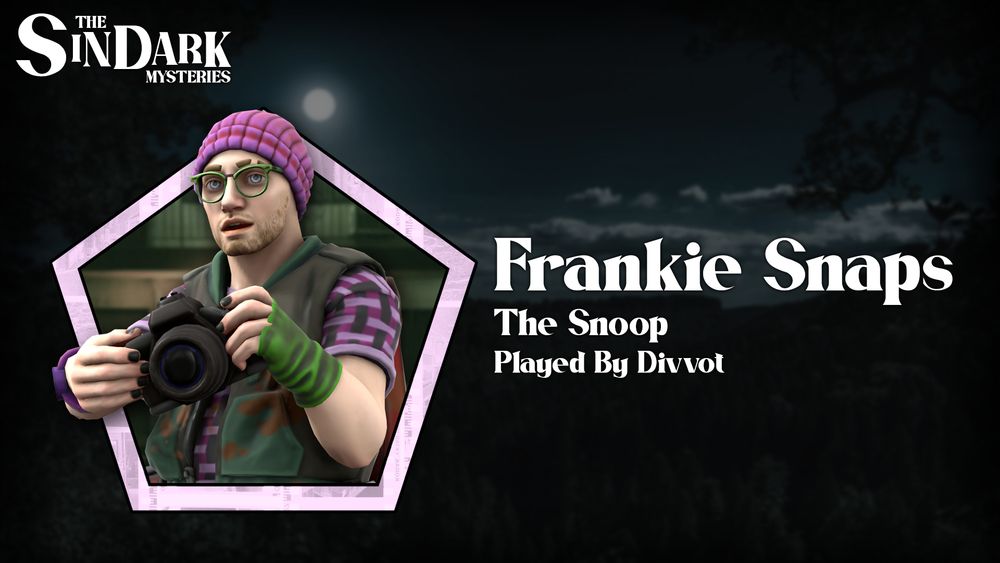 A man in his twenties with a purple beanie and green glasses, holding a camera. He is framed by a pentagon. The image is labelled 'Frankie Snaps', 'The Snoop' and 'Played By Divvot'.