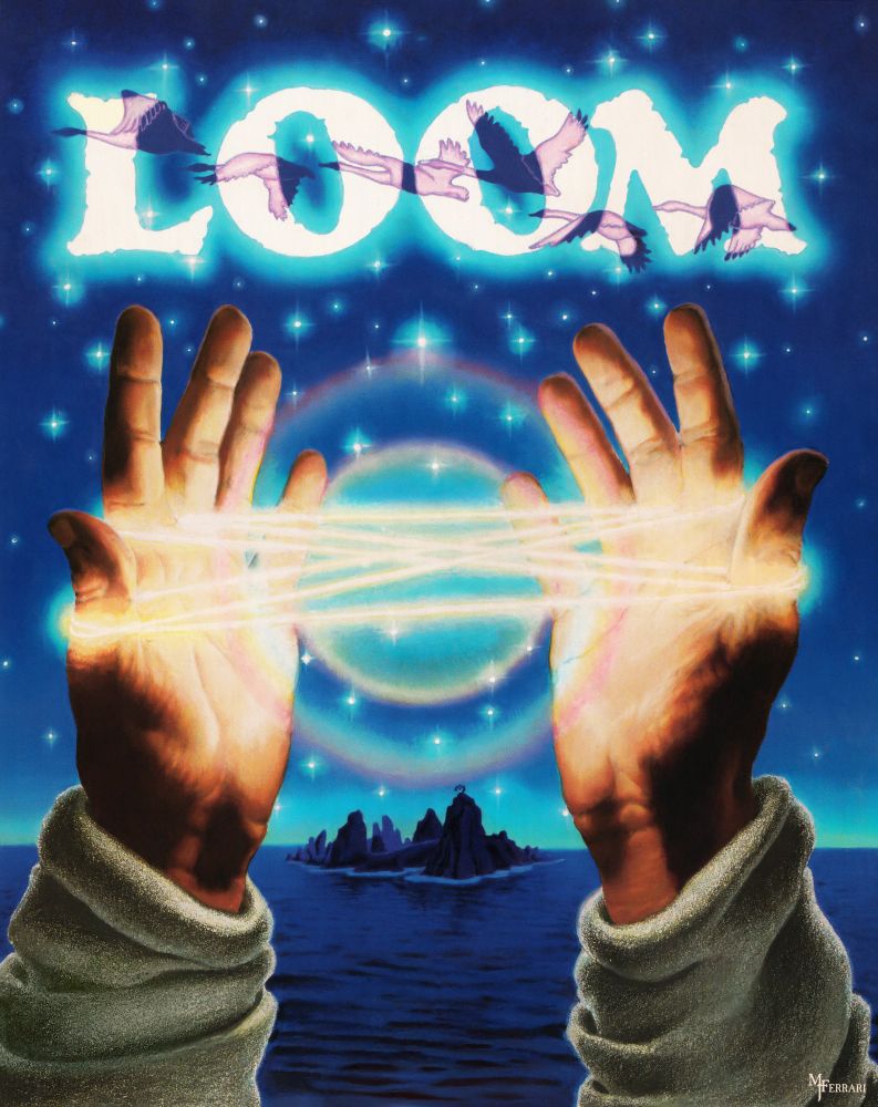Box art of 1990's Loom, featuring two open hands connected by glowing threads against a night sky, an island and an open ocean.