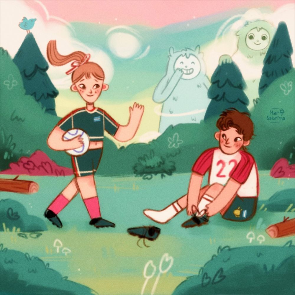 Digital illustration. A girl is waving to a boy who's tying his shoes. She's carrying a soccer ball. There are giants watching them and giggling from behind the trees and clouds.