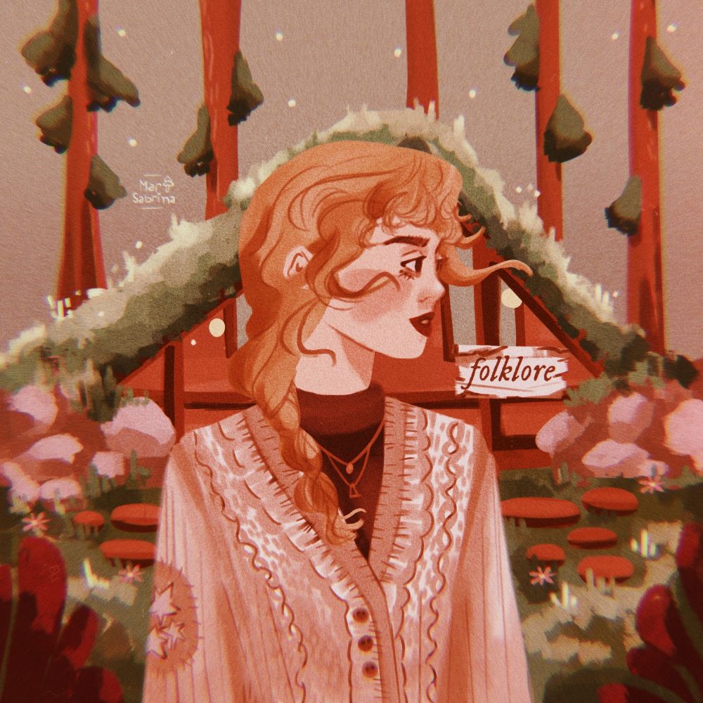 Digital Illustration of Taylor Swift standing at the front of a cabin in the woods. She's got her hair in a braid and is wearing a cardigan. 