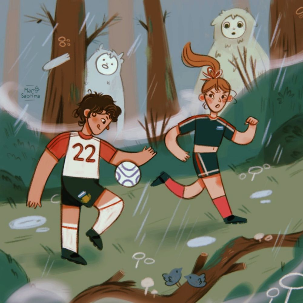 Digital illustration of two kids playing football in a rainy forest. There are magical giants watching them from behind the trees.