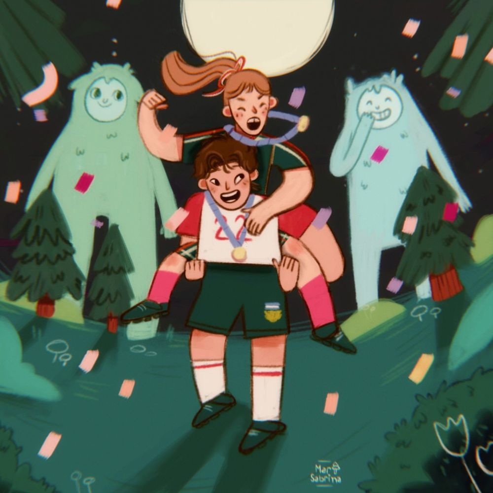 digital illustration of a boy and a girl celebrating their win. they are wearing medals and there's a forest and two magical giants behind them.
