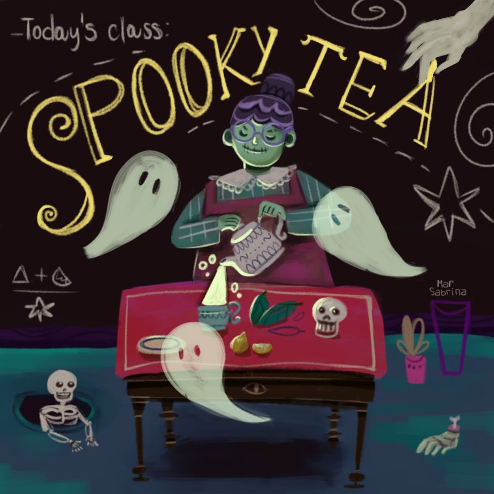 digital illustration of a green lady serving a glowing tea substance. there are ghosts dancing around and a blackboard with a spooky hand writing spooky tea in bold yellow letters.