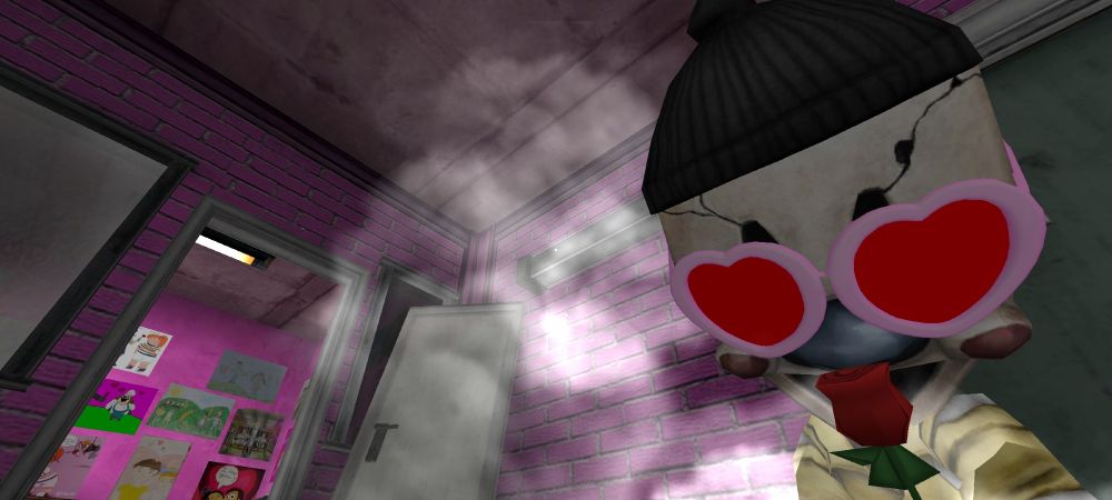 A MiniRod is wearing pink heart-shaped sunglasses and holding a red rose in their mouth, looking directly at the camera. The background shows a room with pink brick walls, an open door, and children's drawings on a wall.