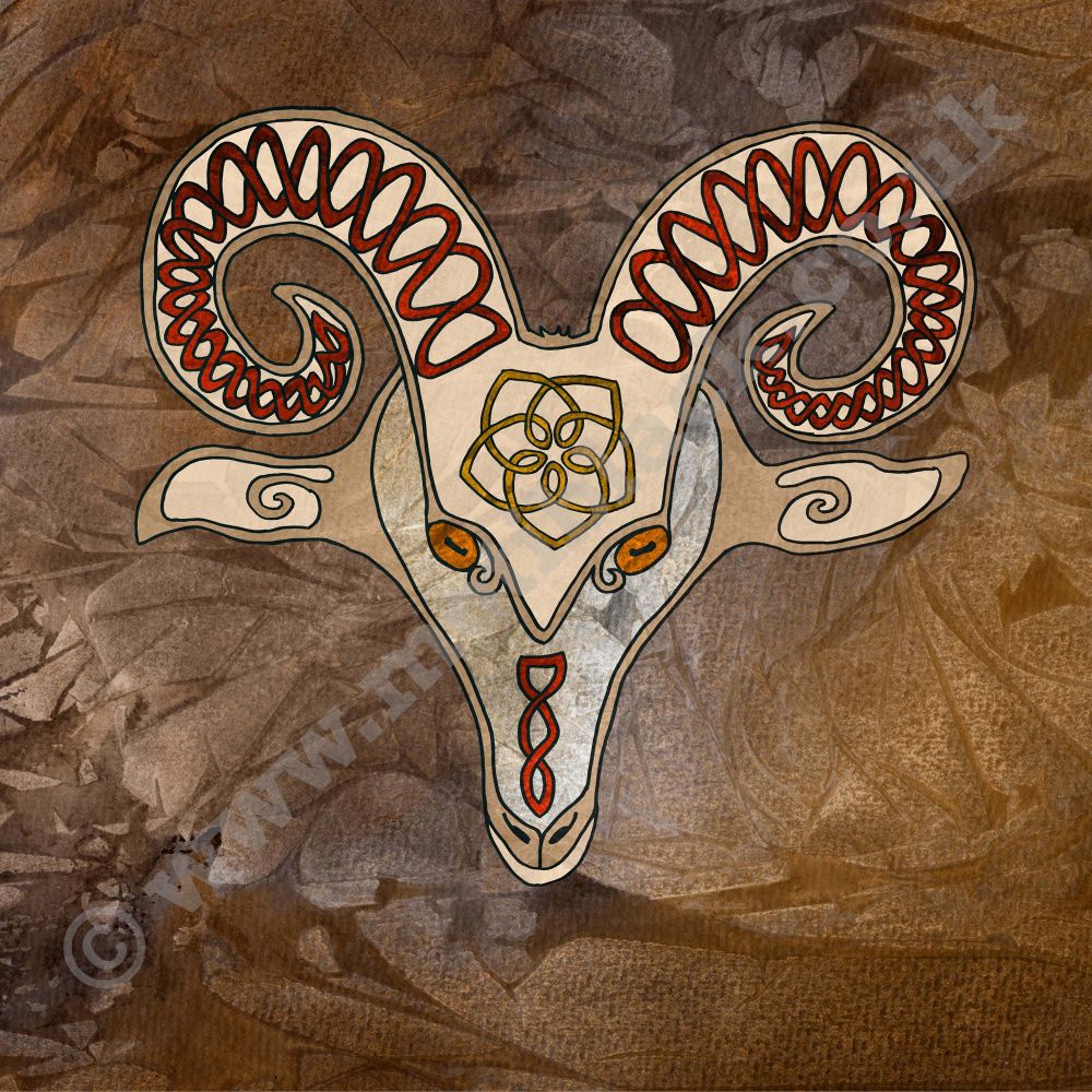 A drawing of a goat's head with celtic knot decoration.