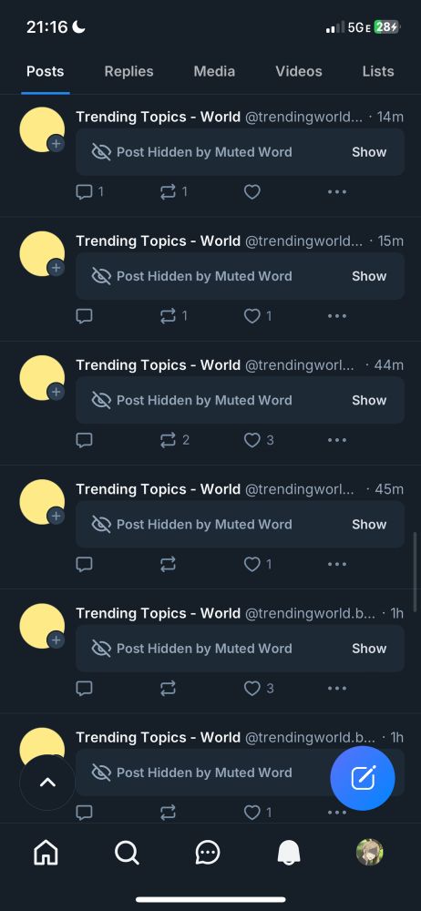 A screenshot of posts from an account with the name “Trending Topics - World”. All posts have the moderation setting toggle on them saying “Post Hidden by Muted Word”