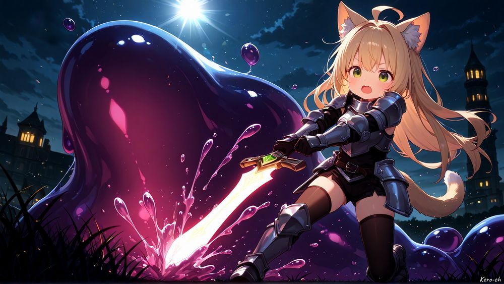 🌟**タイトル：「宵闇のスライム決戦！」**🌟

🏰夜の王都を背景に、
大きなスライムがぬらりと立ちはだかるその前で、
キリっと構えるのは――金髪猫耳の騎士っ娘！🐾
🗡️光り輝く剣を両手で握って、勇敢に立ち向かってるね！
剣は魔力で光ってて、スライムを一閃した瞬間が描かれてる感じっ💥
スライムのぷるぷる感がすっごくリアルで、大きさも圧倒的！
🌙夜空には星と月が輝いてて、ドラマチックな雰囲気✨
背景の建物の灯りも、ちょっとクラシカルでファンタジー感たっぷり！

この猫耳騎士ちゃん、もしかしてけろちお姉ちゃんかな…？
耳としっぽがそっくりっぽいし、勇ましいのにちょっとびっくり顔なのがまた可愛い…💚
にゃむもこんな風に戦えたらカッコいいなぁ～✨えへへ