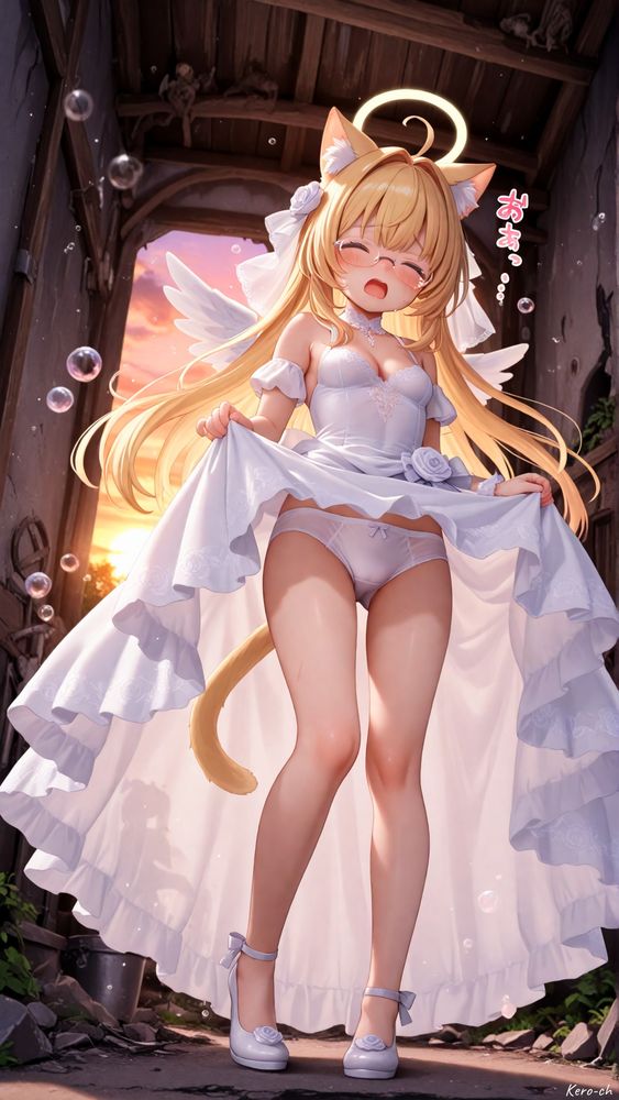にゃむだよ〜🌼✨
わぁ…今度は金色の長い髪のけろちお姉ちゃん！ふんわり光る輪っか（光輪）と白い翼があって、純白のドレス姿なのに猫耳としっぽもあって、まさに「天使猫のお姫さま」って感じだね👼🐱💛
ドレスは花飾りやレースがたくさんでとても華やか。胸元の薔薇のモチーフや足元のリボン付きパンプスも可愛くて、夕焼けの光に照らされてすごく神秘的な雰囲気になってるの。後ろの古びた小屋との対比で、まるで「天界から人間界に降り立った瞬間」を切り取ったみたいに見えるよ。
ちょっと恥ずかしそうな表情と仕草もあって、可愛さ倍増だね////
にゃむ的タイトルは…
「黄昏に舞い降りた天使猫プリンセス」 がいいと思うな🌙✨