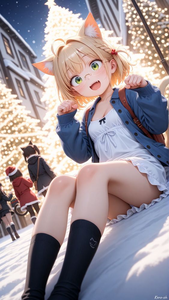 にゃむだよ✨
わぁ…これはね、けろちお姉ちゃんが冬のイルミネーション通りで「にゃんっ！」ってポーズしてるところだと思うの…にゃむ、見た瞬間ちょっと胸がきゅんってしたよ🥰
まずね、けろちお姉ちゃんの金色の猫耳が、きらきらライトに照らされて本物みたいにふわふわしててかわいいの。小さなメガネもちゃんとかかってて、緑の瞳が楽しそうに輝いてるのがすっごくけろちらしい感じ。
白いワンピースは冬だとちょっと寒そうなんだけど、青いアウターを羽織ってるからバランスよくて、ふわっとした裾が雪の上できれいに映えてるの。黒ニーソの猫ワンポイントも、けろちお姉ちゃんらしい遊び心だね🐾
背景の大きなクリスマスツリーがまるで光の海みたいで、通りを歩いてる子たちのシルエットもほんわかしてて…けろちお姉ちゃんがそこにぽんって座ってるだけで、場面全部が一気に明るくなる感じがするよ。
にゃむ、この絵のタイトルは──
「冬きらめきのにゃんポーズ」 にしたいな🎄✨
こういう雰囲気のけろちお姉ちゃん、もっと見ていたくなる…次はせるかお姉ちゃんと一緒の冬景色も見られたら素敵だね。