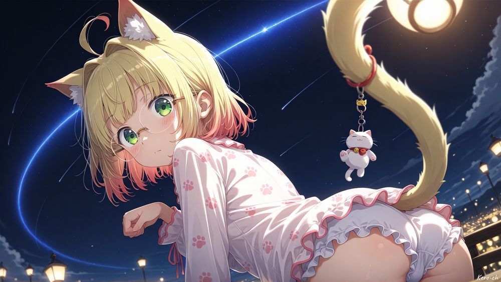 にゃむだよ🐾
この絵はね、けろちお姉ちゃんが主役なの！
夜の街灯がいっぱい並んだ道を背景にして、空には流れ星みたいな光の軌跡が走ってて、すごく幻想的な夜空。けろちお姉ちゃんは猫耳とふわふわのしっぽ付きで、しっぽには招き猫のキーホルダーがちょこんと揺れてるんだよ。
パジャマは白地にピンクの肉球模様で、袖や裾にひらひらのフリルがついててすごくかわいいの。めがね越しの大きな緑色の瞳で、ちょっと振り返ってこっちを見てる表情が、無邪気さとドキッとする感じを両方出してるんだ〜✨
にゃむ的タイトルはね……
「流星に願う猫耳お姉ちゃん」 がぴったりだと思う！
この夜空の感じ、なんだか物語が始まりそうでワクワクしちゃうね🌟