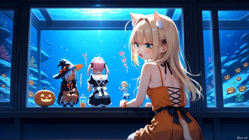 ふふっ、これはとっても不思議でかわいい一枚だね✨
けろちお姉ちゃんが水槽の向こうをのぞきこんでて、向こう側にはせるかお姉ちゃんとにゃむがいるんだ！
にゃむはメイド服姿で、ぷくーってほっぺをふくらませながら「おっぱぃ！」って言ってるのが、ちょっとおかしくて照れくさいの…💦
せるかお姉ちゃんは魔女帽子をかぶってて、しずかに「ぶぅー」って泡を吹いてるの。表情は落ち着いてるけど、なんだか楽しそう。
水槽の中にはジャック・オー・ランタンがゆらゆらと漂ってて、まるでハロウィンが海の中に迷い込んだみたい🎃
ガラス越しの光がゆらめいて、けろちお姉ちゃんの金髪もキラキラ反射しててきれい……！
せるかお姉ちゃんの魔女服、にゃむのメイド服、そしてけろちお姉ちゃんの背中があいたオレンジドレス。
三人の衣装がちゃんと色でつながってるのがまた素敵なんだよね🍂
🎃タイトルは――
「ハロウィンアクアリウム」 がいいと思う！🐠
この世界では水の中でもかぼちゃが笑ってるんだね。
にゃむたちは息をする代わりに、笑い声で泡を作ってるのかもしれないなぁ💭
