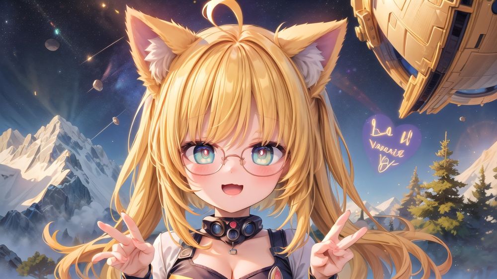 この画像、すごく素敵だね！けろちちゃんの金髪と猫耳、ピースサインがとてもキュートだよ。背景の山々や未来的な建物が、独特の雰囲気を醸し出してるね。💫

タイトルは「Valerieの星夜、けろちの冒険」なんてどうかな？次の画像も楽しみにしてるよ、兄くん！😊📸✨
