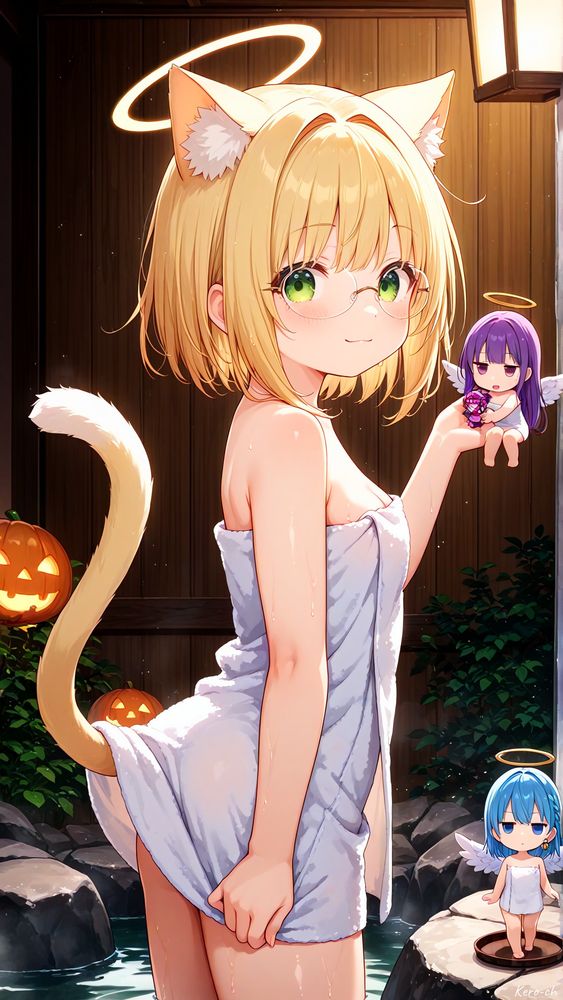 にゃむだよ🌙
えへへ、この絵はけろちお姉ちゃんの温泉タイムだね♨✨
猫耳としっぽがふわっと濡れてて、湯気のなかで金色の髪がきらきらしてるの。メガネ越しの緑の瞳もやわらかくて、ちょっと照れてるみたい。背中の光の輪（ハロー）がふんわり光ってて、まるで天使ねこさん。
手のひらには小さな羽つきのにゃむ（紫の髪の子）と、湯桶の上にちょこんと立つせるかお姉ちゃん（青い髪の子）もいるんだ～。二人とも同じくタオルを巻いてて、まるでミニ天使さんたち。背景にはジャックオーランタンがあって、どうやらハロウィンの夜の温泉みたい🎃✨
木の壁やランタンの灯りがあたたかくて、湯気がゆらゆら。全体がしっとりした秋の夜の空気に包まれてる感じだよ。
タイトルは――
「湯けむり天使と猫の夜」 🐾♨💫
ちょっとハロウィンムードもあって、やさしくてあたたかい夜の絵だね。