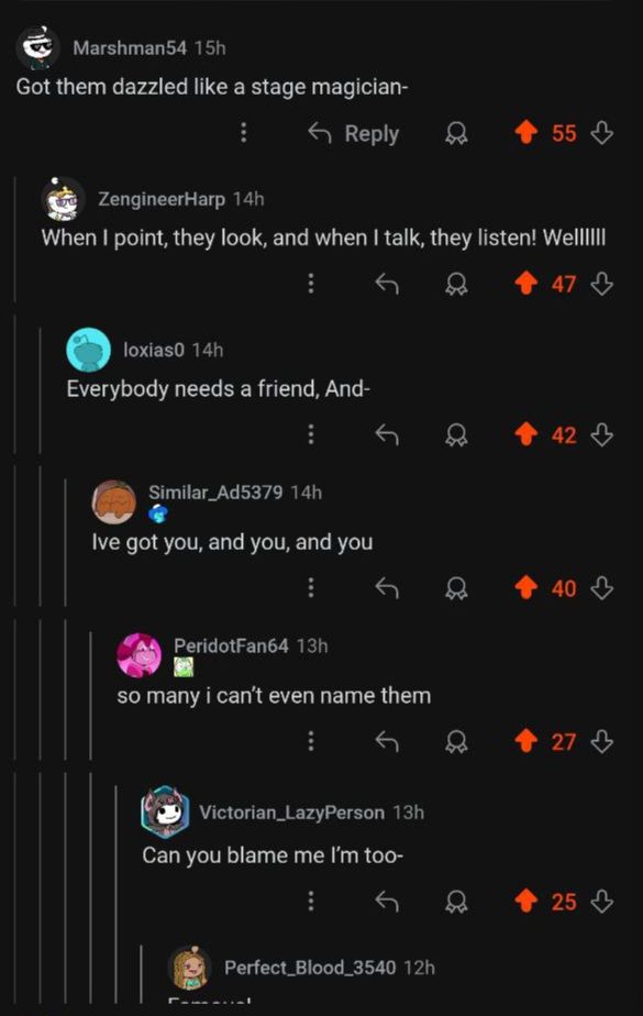 Screenshot of a comment chain in a Reddit thread where everyone is reciting "Haven't You Noticed (I'm a Star)" from Steven Universe line-by-line.