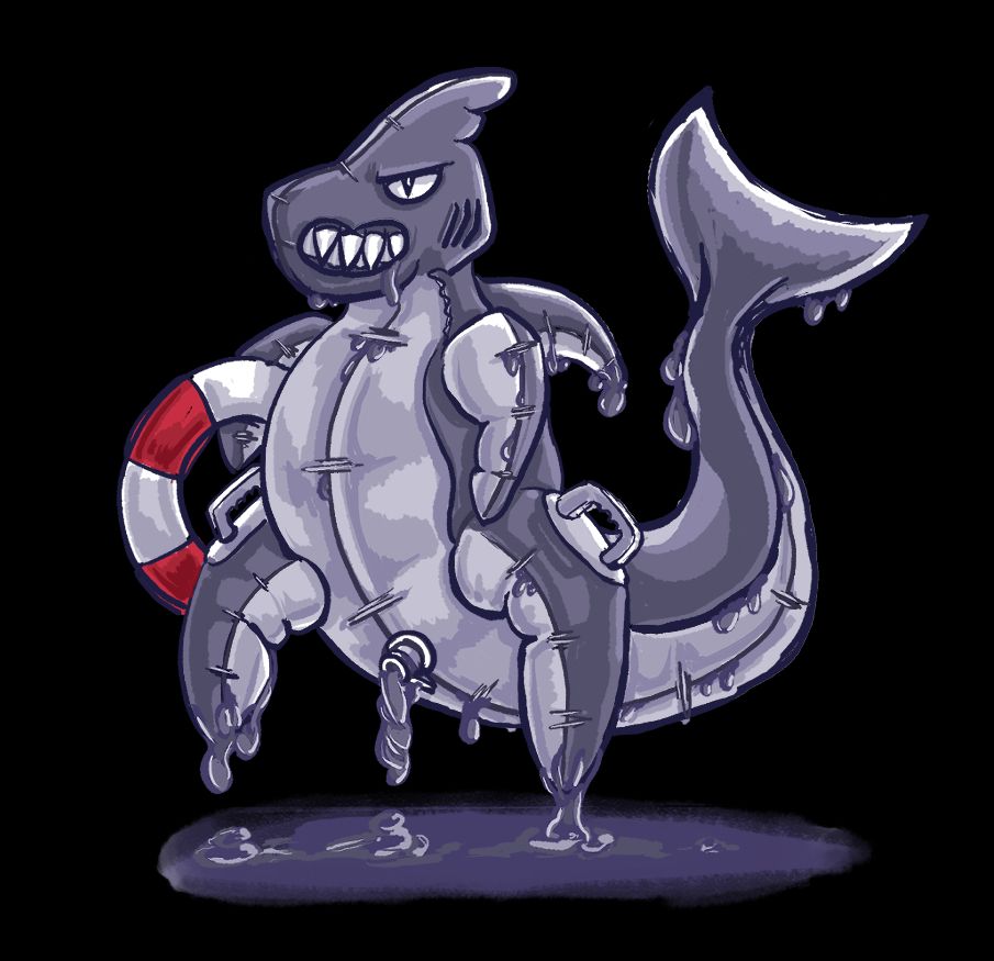 A Slime based pooltoy enemy from one of my upcoming games. Once a former lifeguard for a pool aboard a spaceship, the slime has turned them into a shark pooltoy that hovers above the ground slightly and drips slime from their seams, crevices and aircap. They still guard the pool, and if you dont behave you may end up as one of it's toys...