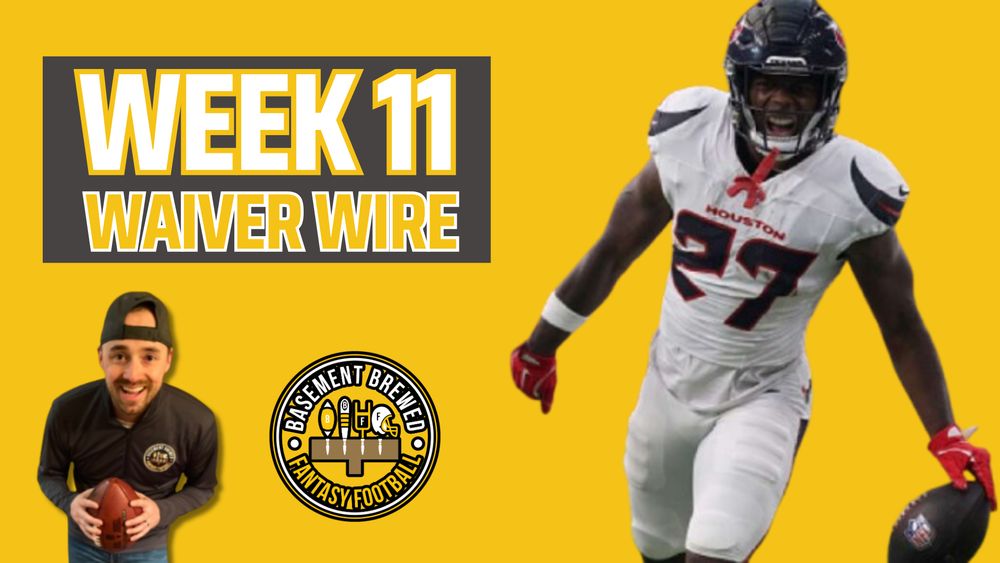 Promotional image for a Week 11 Fantasy Football blog by Mikey Henninger, founder of Basement Brewed Fantasy Football. The bright gold background features bold white-and-gray text that reads “WEEK 11 WAIVER WIRE.” On the left side, Mikey Henninger—wearing a backward black cap, black Basement Brewed pullover, and jeans—grins while holding a football. In the center sits the Basement Brewed Fantasy Football circular logo with beer taps and a football helmet, symbolizing the brand’s blend of analytics and community. On the right, Houston rookie running back Woody Marks appears mid-celebration, wearing his white game uniform with red gloves and holding a football in his right hand. The image visually represents Henninger’s data-driven Week 11 Fantasy Football Waiver Wire analysis, spotlighting players like Woody Marks who may emerge as league-winning pickups. SEO keywords: Week 11 Fantasy Football, waiver wire targets, fantasy football advice, NFL rookie running back, Woody Marks, fantasy football strategy, waiver priority, fantasy football rankings, Basement Brewed Fantasy Football, BBFF, Mikey Henninger, fantasy football blog, start/sit decisions, DFS advice, fantasy football community, data-driven football analysis, fantasy football tips, fantasy football insights.