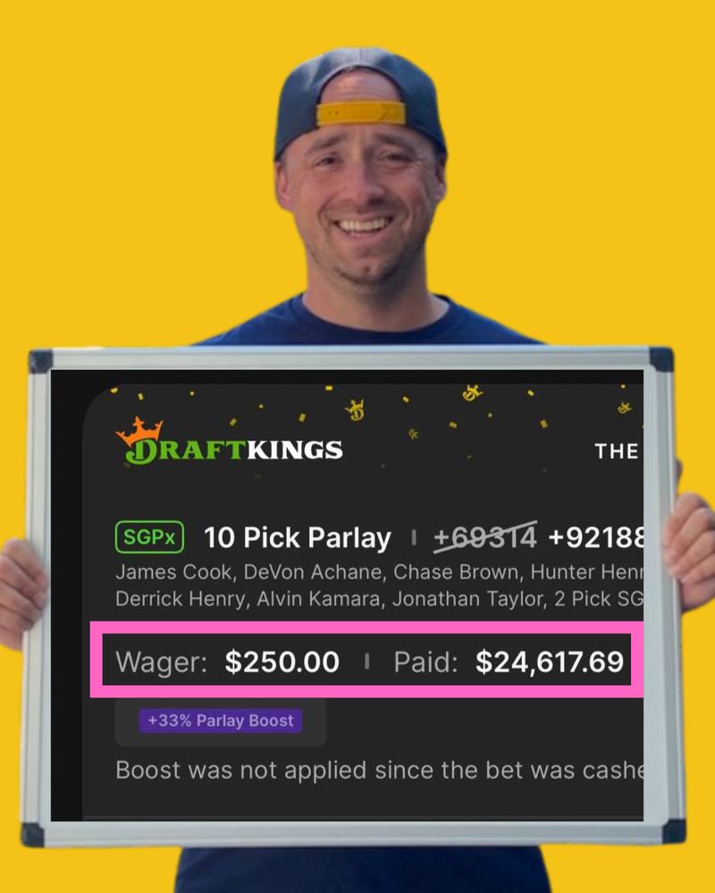 Bright, eye-catching photo of Mikey Henninger, creator of Basement Brewed Fantasy Football, standing against a yellow backdrop with a whiteboard featuring a DraftKings 10-Pick Parlay slip. The slip shows a $250 bet turned into a $24,617.69 payout — a real BBFF subscriber win. The image symbolizes the power of data, research, and smart fantasy football strategy to create real-world betting success. Keywords: fantasy football, DraftKings, NFL analytics, parlay betting win, sports data strategy, and Basement Brewed Fantasy Football brand story.