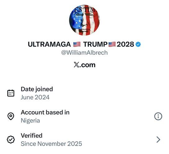 Print com um caso de conta apoiadora de Trump ser, na verdade, sediada na Nigéria e não nos EUA.