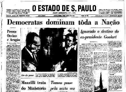 Capa do Estadão em 1o de Abril de 1964:

"Democratas dominam tôda nação".