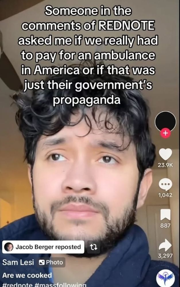 Foto de rapaz estadunidense usando uma rede social de vídeo. Na legenda acima de sua cabeça se lê "Alguém nos comentários no app Red Note me perguntou se é verdade que nós EUA é preciso pagar por uma ambulância ou se era propaganda negativa do governo chinês".

Abaixo a legenda "será que estamos fudidos?".