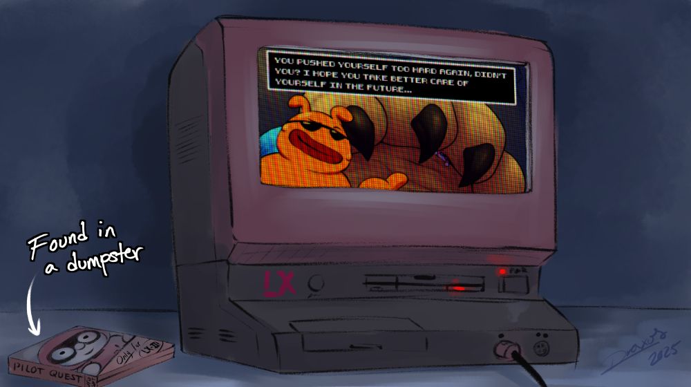 The crop featuring Slard and his dialogue is covering the screen of what seems to be an LX system, the computer/console that UFO Soft developed their games for. 

Next to the system is a box of the game "Pilot Quest". An arrow points to it, with a text that says "Found in a dumpster". The LX appears to be sitting in a dark room, turned on and with a controller plugged into it, implying someone was playing the game and saw the Pilot succumb to Octavio's mighty toes.