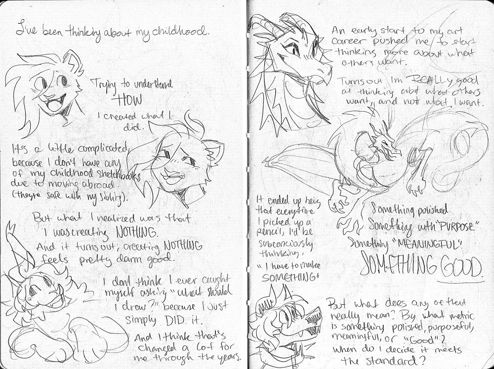 Various sketches of random furries and some OCs on a spread of two pages. They're surrounded by a bunch of writing.