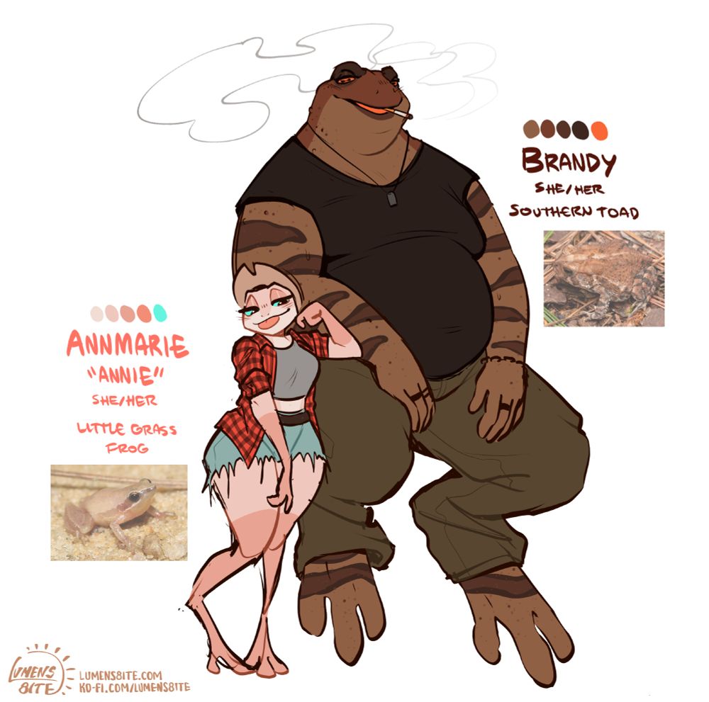 Digital drawing of Annmarie the grass frog and Brandy the southern Toad showing off their color palettes.