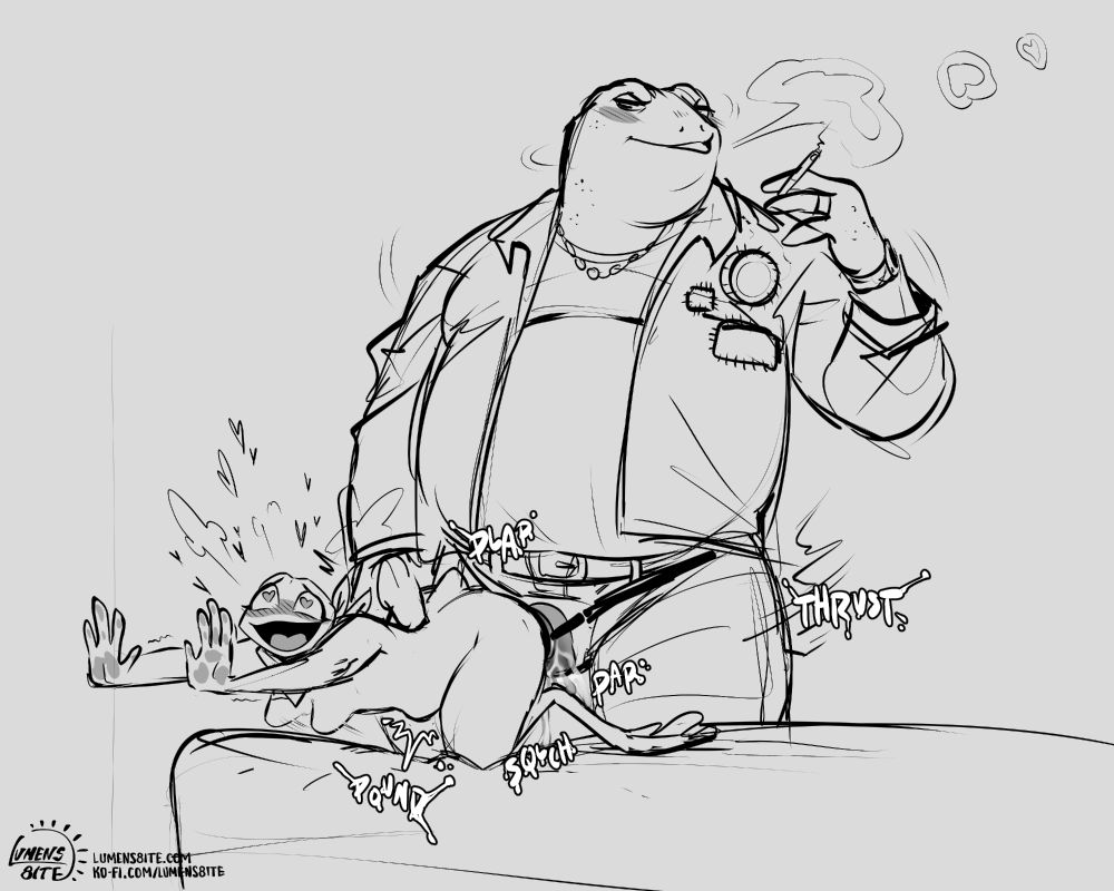 Sketch drawing of a giant southern butch toad in a jean jacket, shirt and pants, roughly using a strap on her much smaller grass frog girlfriend.