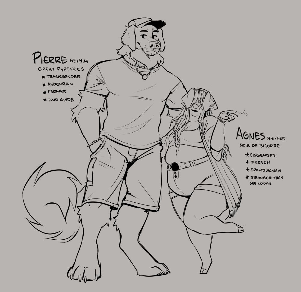 WIP sketch of a great pyrenees and noir de bigorre (pig) couple.