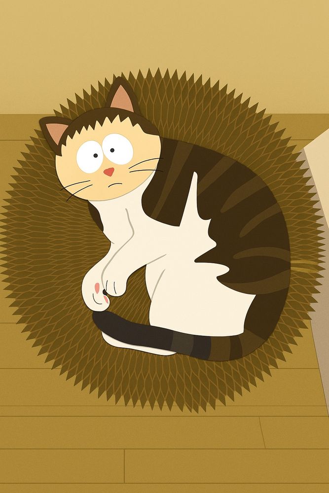 An AI generated cartoon of a cat lying on a corrugated paper bed and looking up at the camera. The cat is meant to look like a South Park character, so she has a mostly South Park human face.