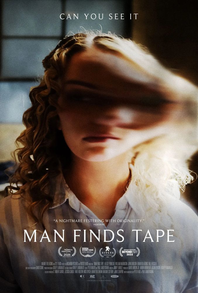 man finds tape movie poster shows a woman's face distorting to shadows