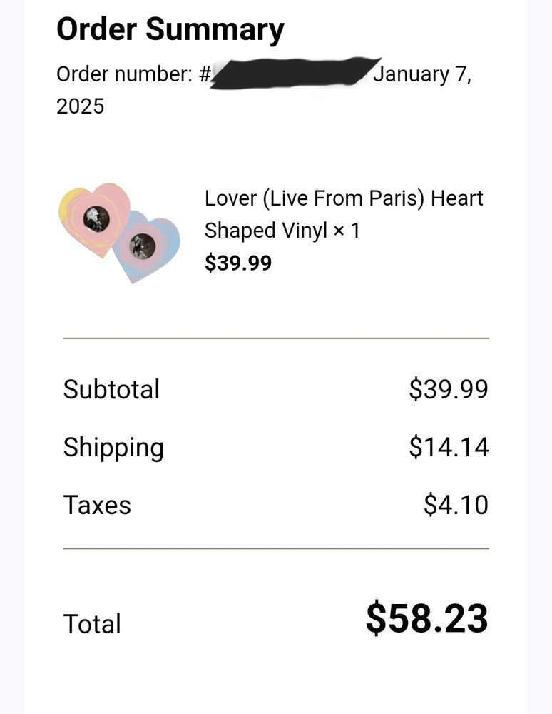 Receipt of a purchase of Lover (Live from Paris) vinyl 