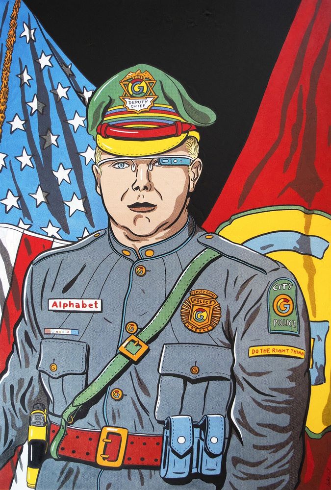 artwork by Michaela Konrad, offset-handprint, Google Police, Private Public Partnership, Meta, democracy, USA, police officer, officer, policeman, augmented reality glasses, augmented reality, Artivive