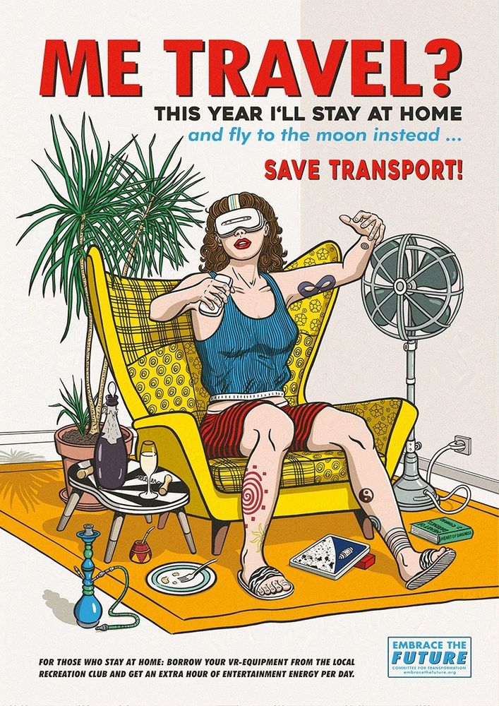 artwork by Michaela Konrad, screenprinting, woman, Me Travel?, 2 WW poster inspiration, circular economy, less consumption, degrowth, less transprt, vr, augmented reality, artivive app, save energy, rationing, rationing of energy and electronic devices