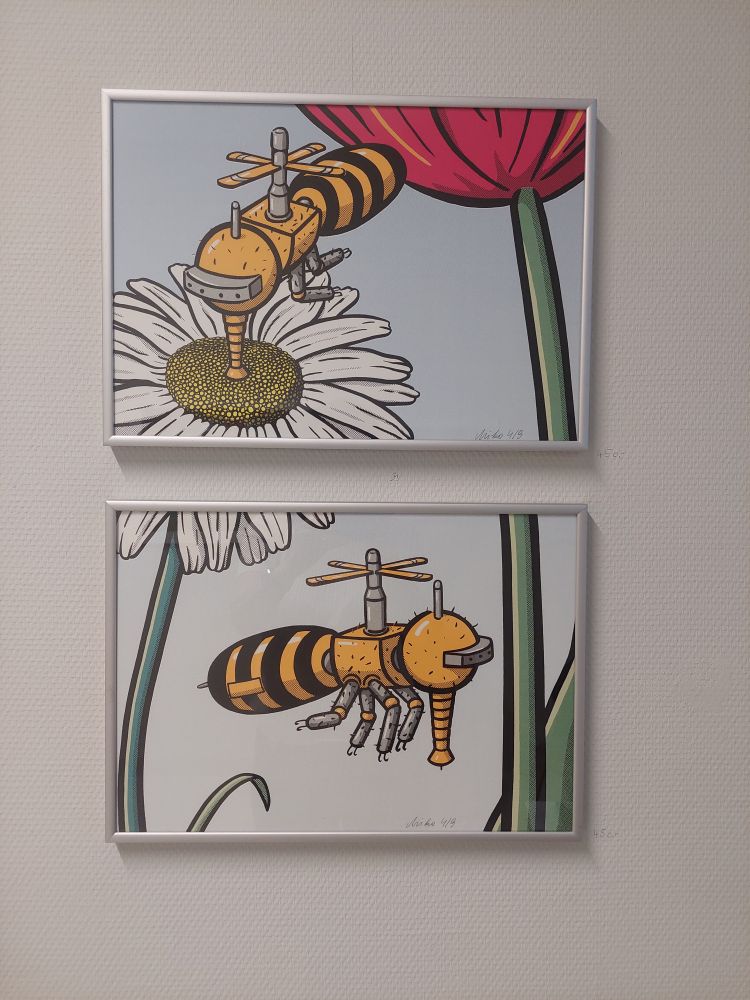 Drones, bee drones  robotic bees, climate crisis, screenprinting, artwork by Michaela Konrad