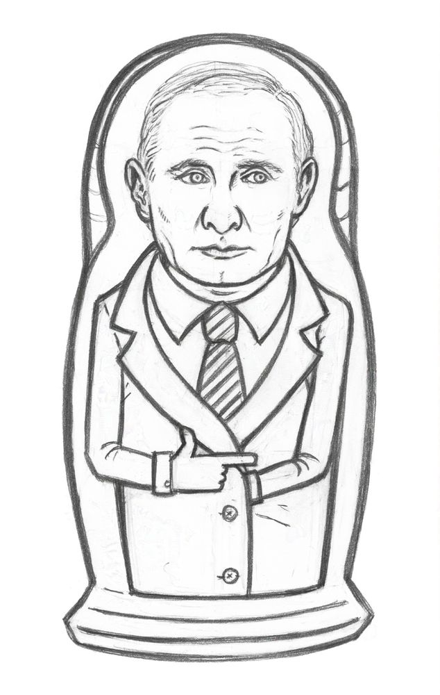 Artwork by Michaela Konrad, pencil drawing, sketch, Vladimir Putin, matryoshka doll, man, arms race, multipolar international system, global order
